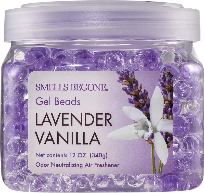SMELLS BEGONE Odor Eliminator Gel Beads - Air Freshener - Eliminates Odor in Bathrooms, Cars, Boats, RVs & Pet Areas - Made with Essential Oils - Lavender Vanilla Scent - 12 Ounce - Image 1