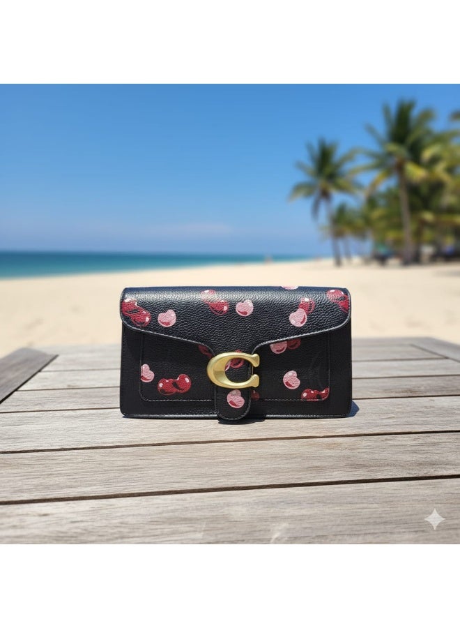 Coachoutlet Tabby Satchel Bag, Cherry Design, Gold Hardware with long belt strap