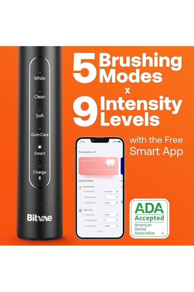 بيتفي Bitvae Bluetooth Electric Toothbrush with Pressure Sensor, ADA Accepted, Ultrasonic 8 Brush Heads, 5 Modes, 4 Hr Charge Last 100 Days, Power Rechargeable Toothbrush, Soft Bristle, Black (BVUS-S2-B)  - Image 3