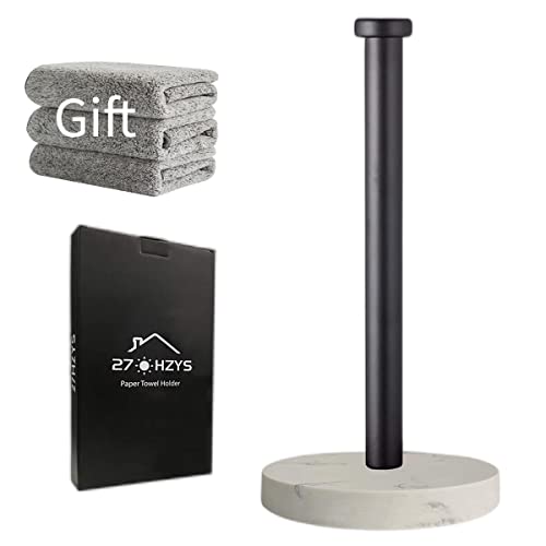 27HZYS Paper Towel Holder Countertop, Standing Paper Towel Roll Holder for Kitchen Bathroom, with Weighted Marble Base for One-Handed Operation (Black), Black Paper Towel Holder, Marble - Image 1