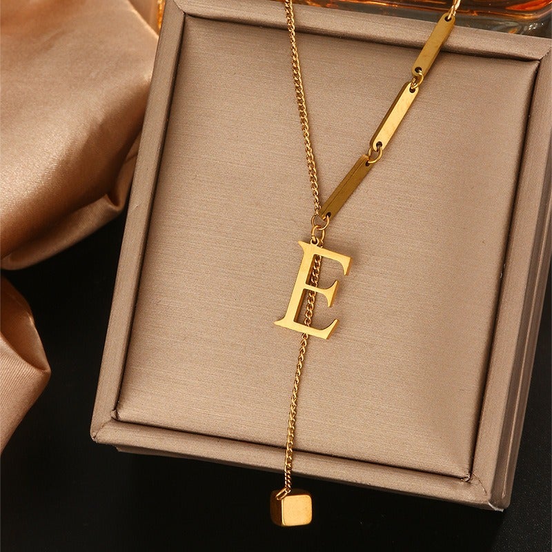Vital Titanium Steel Tassel Collarbone Necklace for Women, 26 Letter Initial Pendant, Fade-Resistant Minimalist Jewelry
