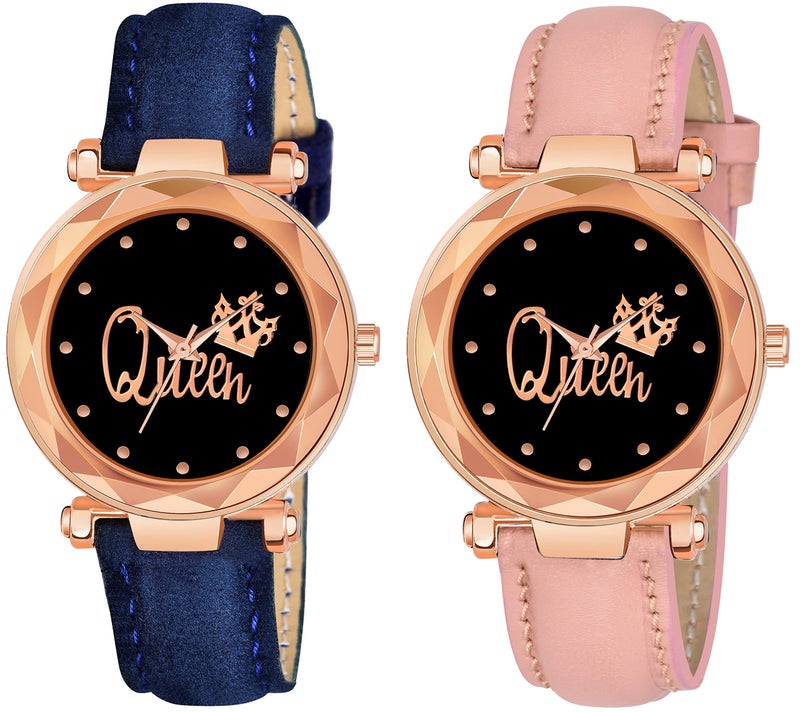 CERO Pack of 2 Queen Dial Leathers Strap Analog Women and Girls Watch (Blue & Pink) - Image 2