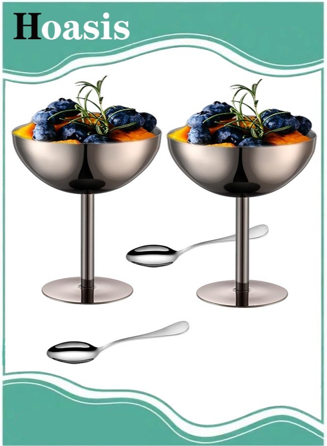 ح واحة مجموعة من 2 وعاء آيس كريم، أكواب حلوى من الفولاذ المقاوم للصدأ مع ملاعق، أكواب آيس كريم سنداي قابلة لإعادة الاستخدام للحلوى والزبادي المجمد والحلوى وديكورات حفلات أعياد الميلاد - Image 1