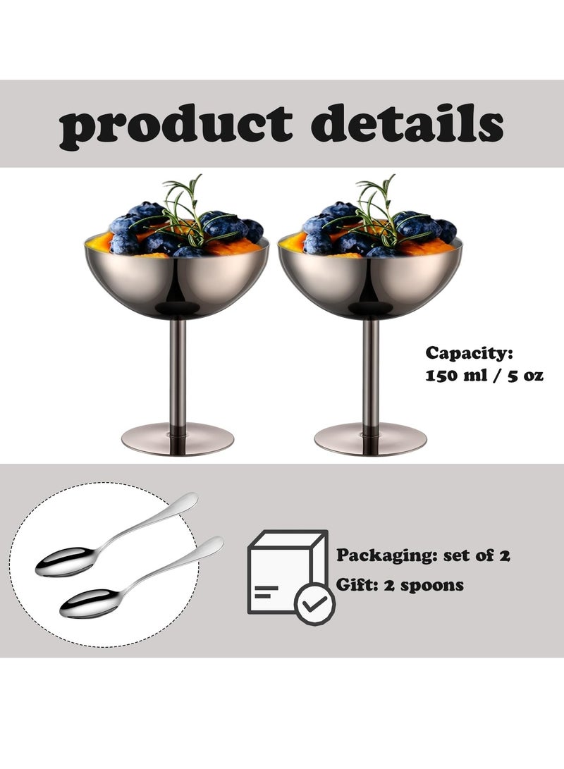 ح واحة مجموعة من 2 وعاء آيس كريم، أكواب حلوى من الفولاذ المقاوم للصدأ مع ملاعق، أكواب آيس كريم سنداي قابلة لإعادة الاستخدام للحلوى والزبادي المجمد والحلوى وديكورات حفلات أعياد الميلاد - Image 4