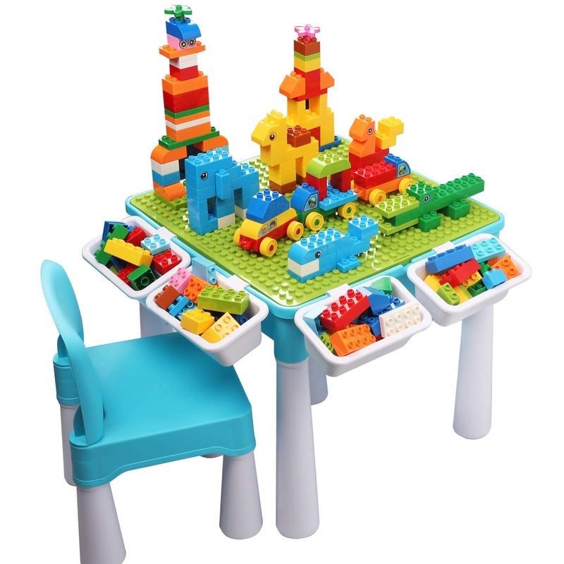 burgkidz burgkidz 5in1 Multi Activity Play Table Set with Storage Includes 1 Chair and 128 Pieces Compatible Large Bricks Building Blocks for Kids Ages 2 and Up Blue 