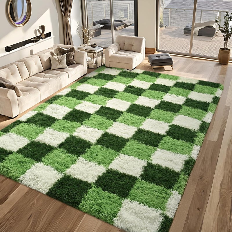FALARK Checkered 6x9 Large Area Rugs for Living Room, Extra Large Deep Green White Rug for Living Room Decor, Soft Shaggy Modern Indoor Carpets, High Pile Throw Carpet for Home Decor - Image 1