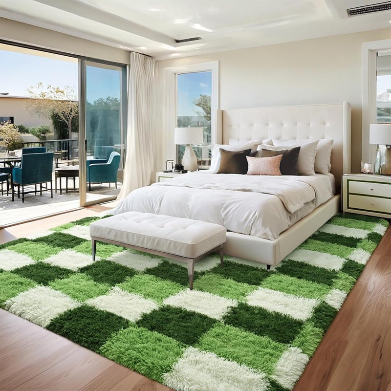 FALARK Checkered 6x9 Large Area Rugs for Living Room, Extra Large Deep Green White Rug for Living Room Decor, Soft Shaggy Modern Indoor Carpets, High Pile Throw Carpet for Home Decor - Image 2