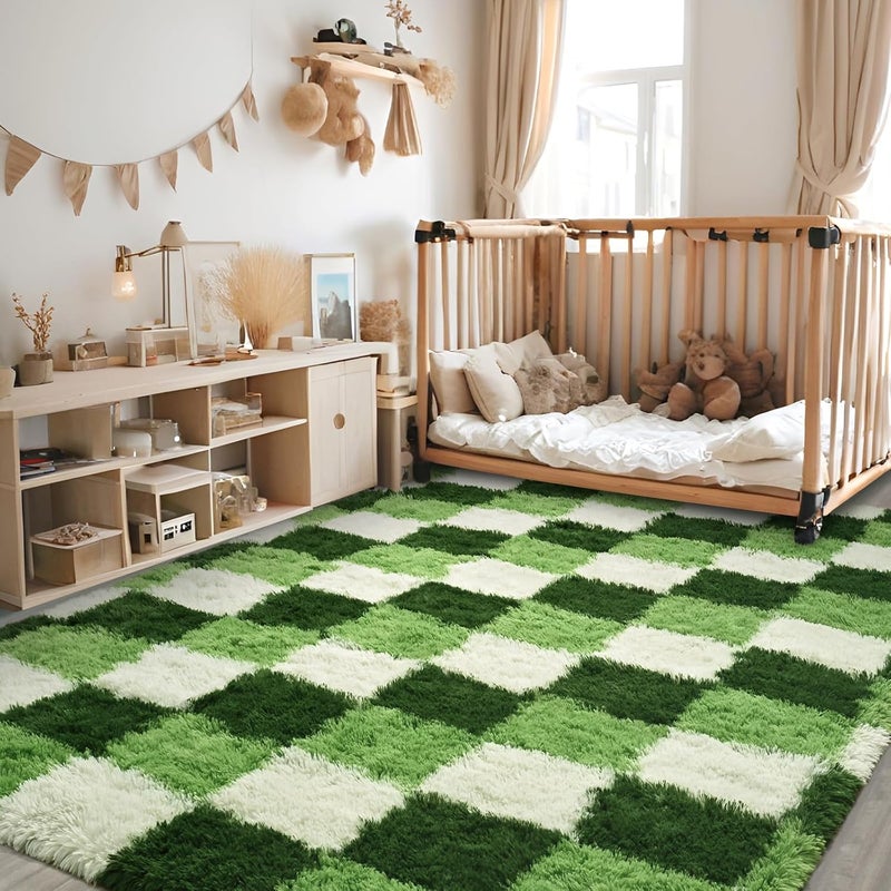 FALARK Checkered 6x9 Large Area Rugs for Living Room, Extra Large Deep Green White Rug for Living Room Decor, Soft Shaggy Modern Indoor Carpets, High Pile Throw Carpet for Home Decor - Image 3
