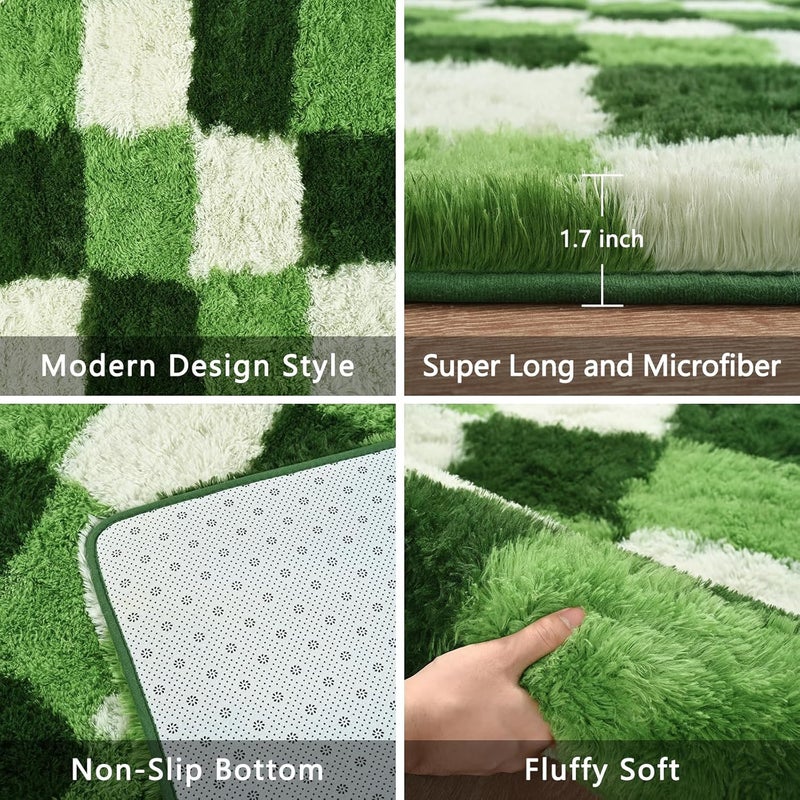 FALARK Checkered 6x9 Large Area Rugs for Living Room, Extra Large Deep Green White Rug for Living Room Decor, Soft Shaggy Modern Indoor Carpets, High Pile Throw Carpet for Home Decor - Image 4