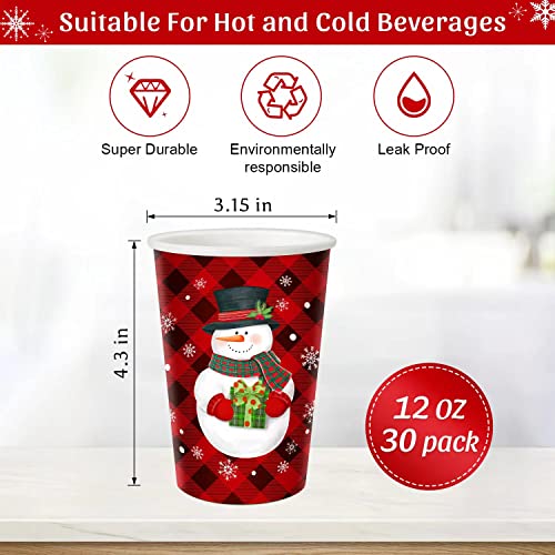 CIOEY Christmas Disposable Paper Cups Snowman Red and Black Buffalo Plaid Cups for Merry Christmas Xmas Party Decorations Cups for HotCold Drinks Holiday Supplies Let it Snow 12 Ounce 30 Pack - Image 3