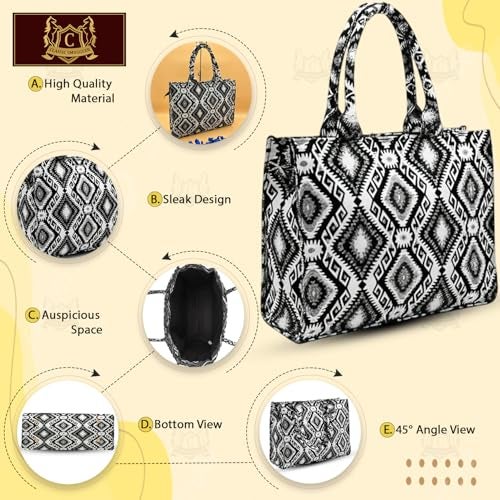 CLASSIC SMUGGLER Designer Tote Bag for Women Trendy Black & White Geometric Print Handbag for Work, Shopping & Casual Outings | Ladies purse | Stylish Shoulder Bag | Gift for Women Black - Image 5