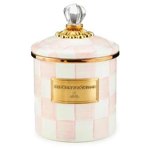 mackenzie childs MACKENZIECHILDS Enamel Canister Versatile Kitchen Storage Container for Flour and Sugar Small 38Ounce Capacity PinkandWhite Rosy Check - Image 1