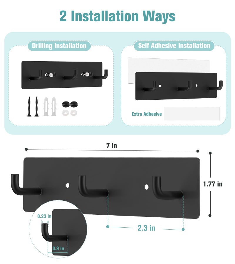 RELBRO Key Holder Wall Mount, Small Metal Self Adhesive Key Rack with 3 Hooks, 2 Installation Options, Black - Image 2