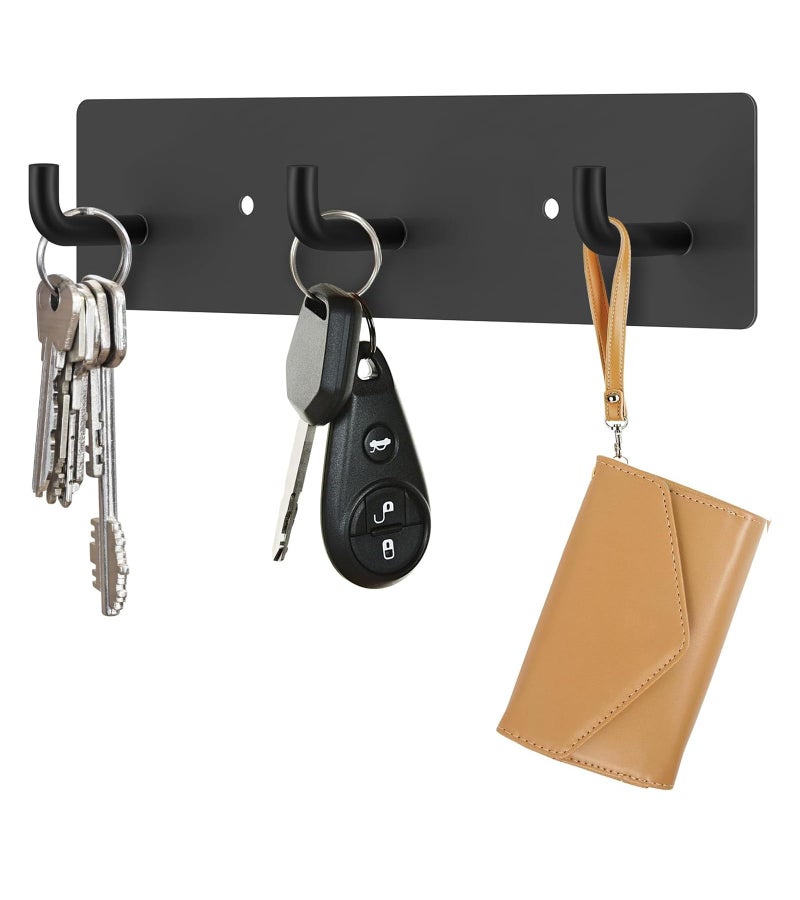 RELBRO Key Holder Wall Mount, Small Metal Self Adhesive Key Rack with 3 Hooks, 2 Installation Options, Black - Image 1