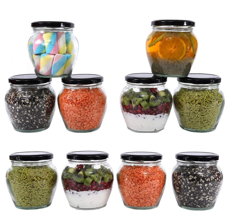 BRUSHFINCH Spice jar Matka Shape Transparent Glass Jar and Container Air Tight Black Lid for Kitchen 400 ml Matki Glass Jar with Airtight Metal Lid 12 pc Clear - Image 1