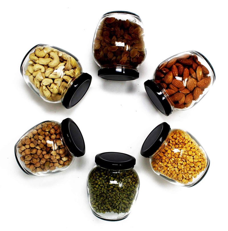 BRUSHFINCH Spice jar Matka Shape Transparent Glass Jar and Container Air Tight Black Lid for Kitchen 400 ml Matki Glass Jar with Airtight Metal Lid 12 pc Clear - Image 5