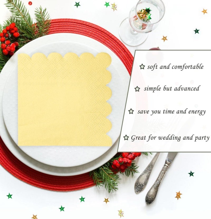 Disposable Cocktail Napkins: 2 Ply Light Yellow Scalloped Fold - Thick High-Value Decor for Wedding Party Dining - Image 4