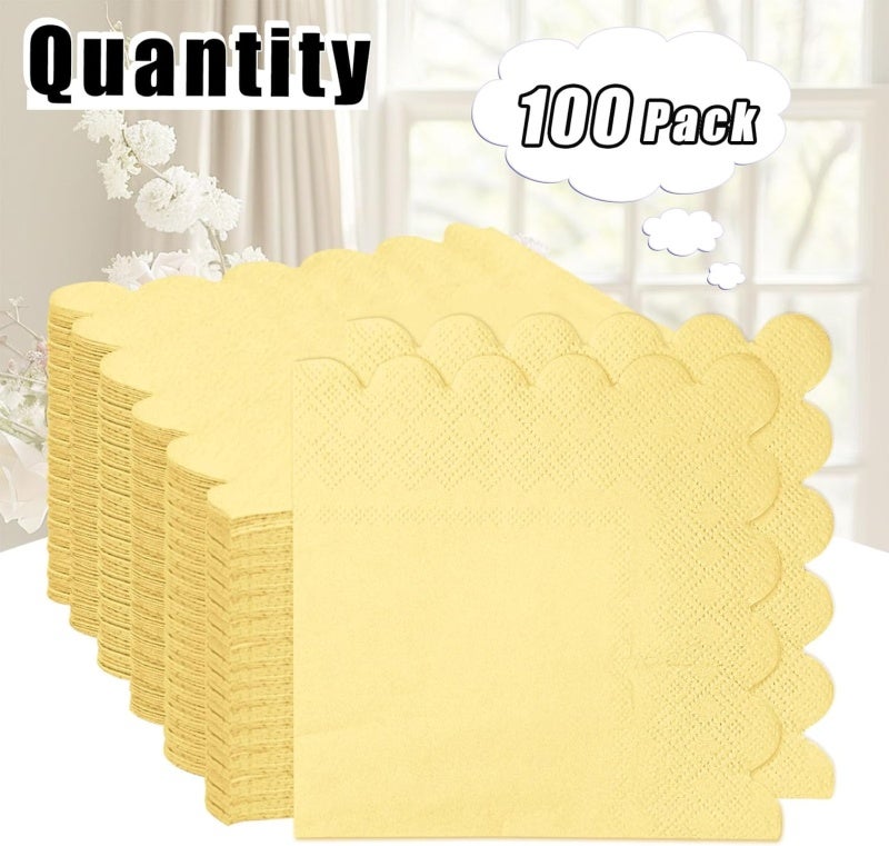 Disposable Cocktail Napkins: 2 Ply Light Yellow Scalloped Fold - Thick High-Value Decor for Wedding Party Dining - Image 2