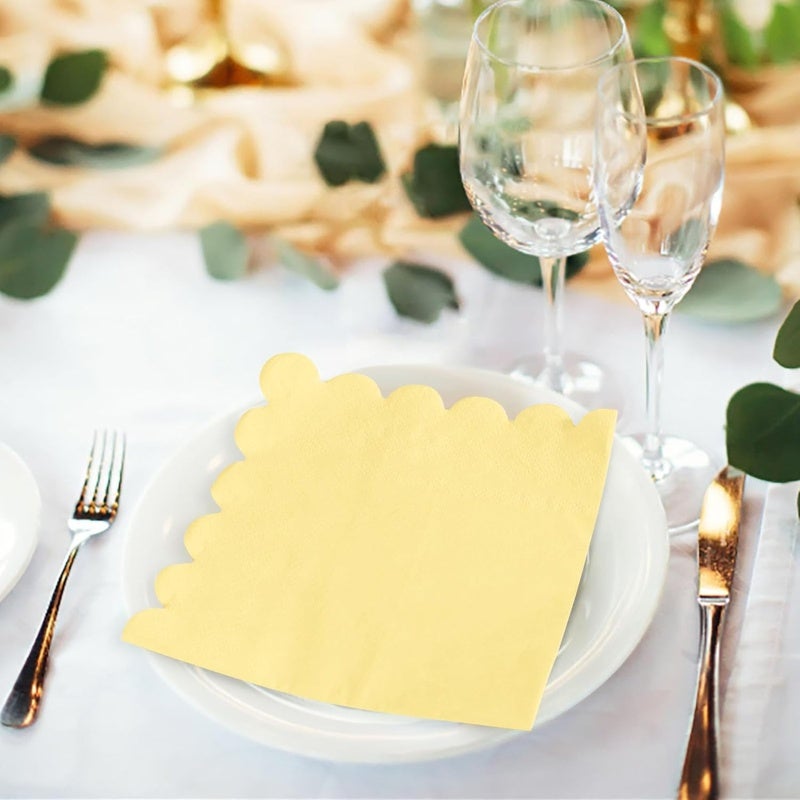 Disposable Cocktail Napkins: 2 Ply Light Yellow Scalloped Fold - Thick High-Value Decor for Wedding Party Dining - Image 5