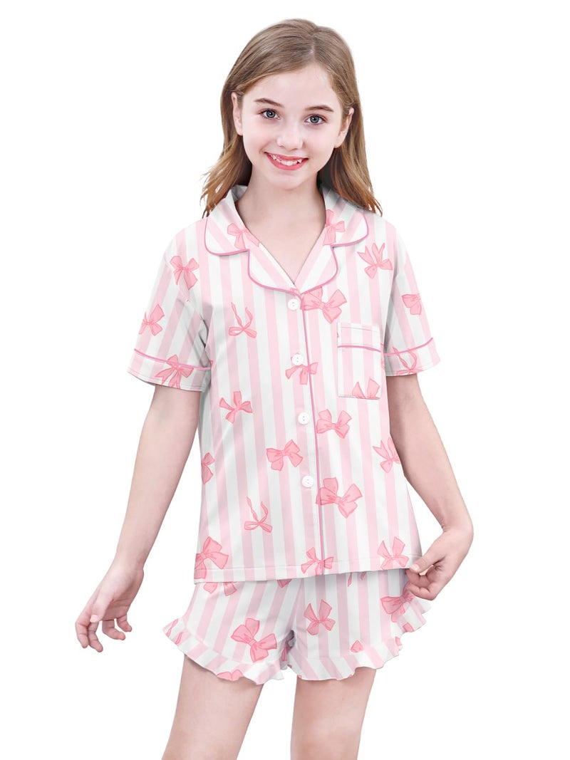 Umeyda Girls's Pajama Set Short Sleeve Button Down Pjs Set Sleepwear, Pink Striped Bowknot, 11-12 Years - Image 2
