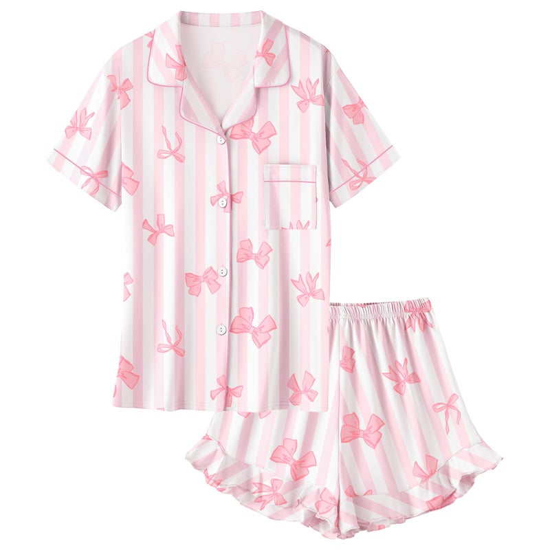Umeyda Girls's Pajama Set Short Sleeve Button Down Pjs Set Sleepwear, Pink Striped Bowknot, 11-12 Years - Image 1