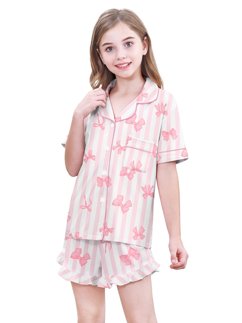 Umeyda Girls's Pajama Set Short Sleeve Button Down Pjs Set Sleepwear, Pink Striped Bowknot, 11-12 Years - Image 4
