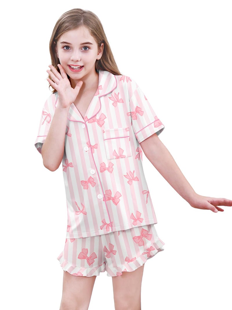 Umeyda Girls's Pajama Set Short Sleeve Button Down Pjs Set Sleepwear, Pink Striped Bowknot, 11-12 Years - Image 5