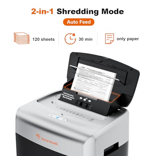 Bonsaii Paper Shredder for Office, 120-Sheet Autofeed Heavy Duty Shredder for Home Office Use, 30 Minutes/Micro Cut/P-4 High Security Level/6 Gallon Large Bin - Image 2