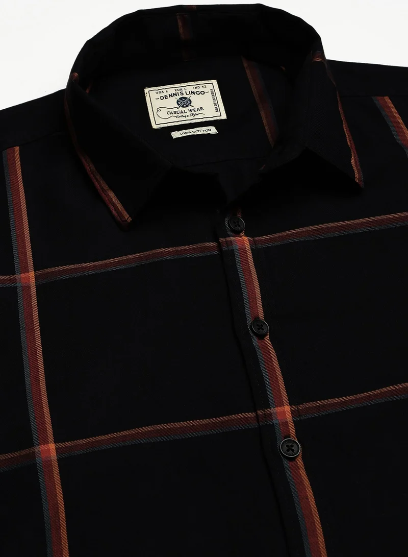 Dennis Lingo Slim Fit Black Men's Checked Shirt, Spread Collar, Full Sleeves, 100% Cotton,
