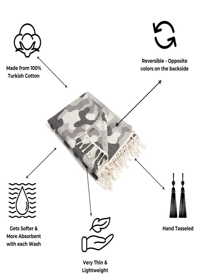 InfuseZen Turkish Bath & Beach Towel - Reversible Camouflage Print - 100% Organic Turkish Cotton - Soft, Lightweight, Absorbent Peshtemal, Quick Dry, Sand Free - Gym, Throw, Travel - Black Camo - Image 2