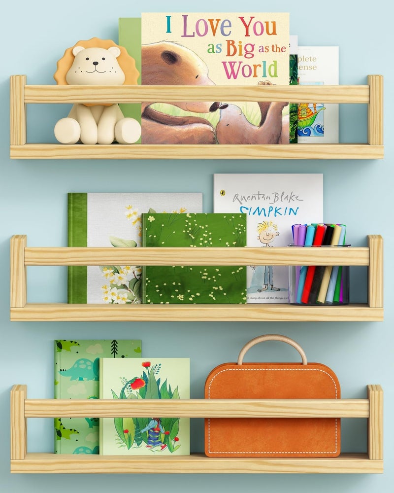 Harwaya Floating Nursery Book Shelves for Wall, Natural Wood Wall Bookshelf for Kids Room Bedroom, Small Wooden Hanging Baby Book Shelf and Toy Organizer for Nursery Girl Boy Toddler Child - Set of 3 - Image 1