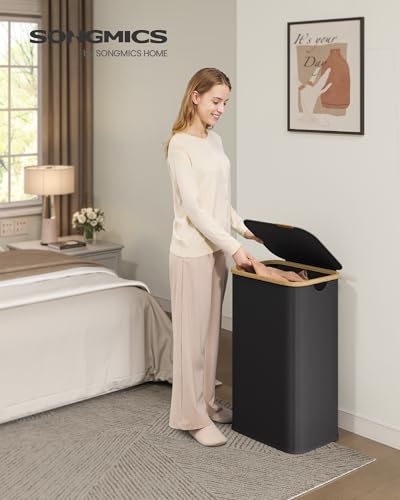 SONGMICS Laundry Hamper Laundry Basket with Lid Foldable Storage Basket Bamboo Frame for Bedroom Living Room Oxford Fabric 264 Gal 100 L Ink Black ULCB518BH01 - Image 3