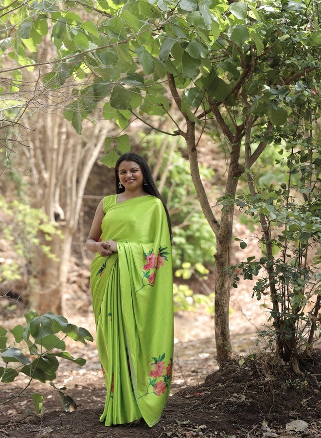 MARGI DESIGNERS Womens New Latest Party Bollywood Japan Satin Silk Abstract Printed Parrot Green Saree with Unstitched Blouse - Image 1