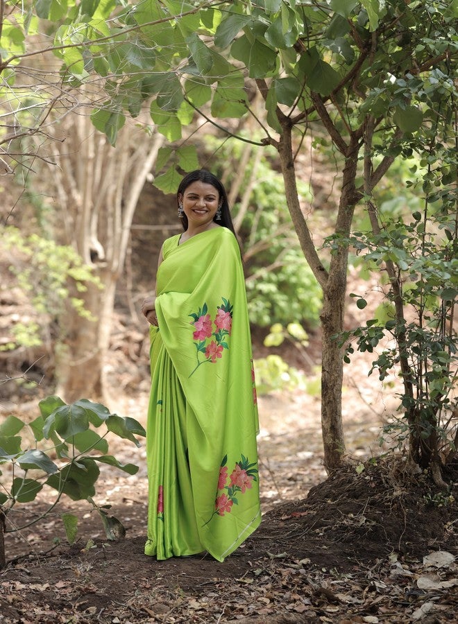 MARGI DESIGNERS Womens New Latest Party Bollywood Japan Satin Silk Abstract Printed Parrot Green Saree with Unstitched Blouse - Image 2