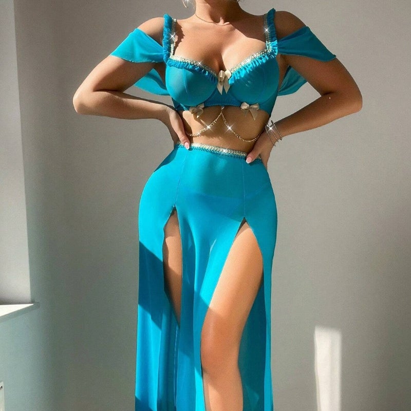 WU Chain-Strap Slip Set with Bow and High Slit - Seductive Lingerie for Women - Image 1