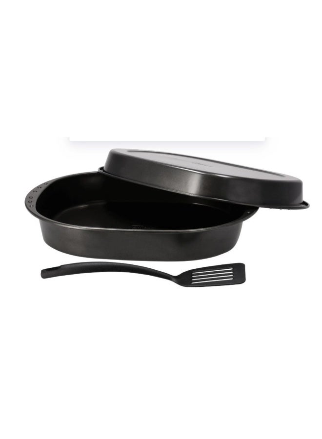 3-Piece Oval Non-Stick Roasting Tray Set with Coating, Oven Bakeware Tray with Lid and Spatula, Steel Baking Dish for Roasting, Lasagna, Vegetables, Chicken –36 × 29 × 5.5 cm