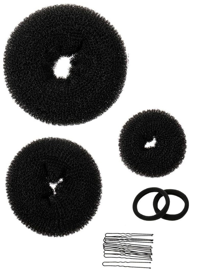 Lelet Donut Bun Maker Set – Black Hair Styling Kit with 3 Hair Bun Makers (S/M/L), 2 Ponytail Holders & 20 Hair Pins – Easy Bun Hairstyle Tool for Girls & Women - Image 1