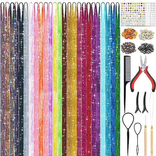 25Colors Fairy Hair Tinsels Kit 5000 Hair Glitter Strands 48Inch Heat Resistant Tinsel Hairs Extension Sparkling Shiny Highlights Hairs Tinsel with Tools for Christmas Halloween New Year Cosplay Party