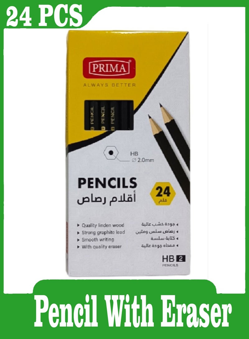 PRIMA Pack Of 24 Piece Premium Quality HB2 Pencil With Eraser