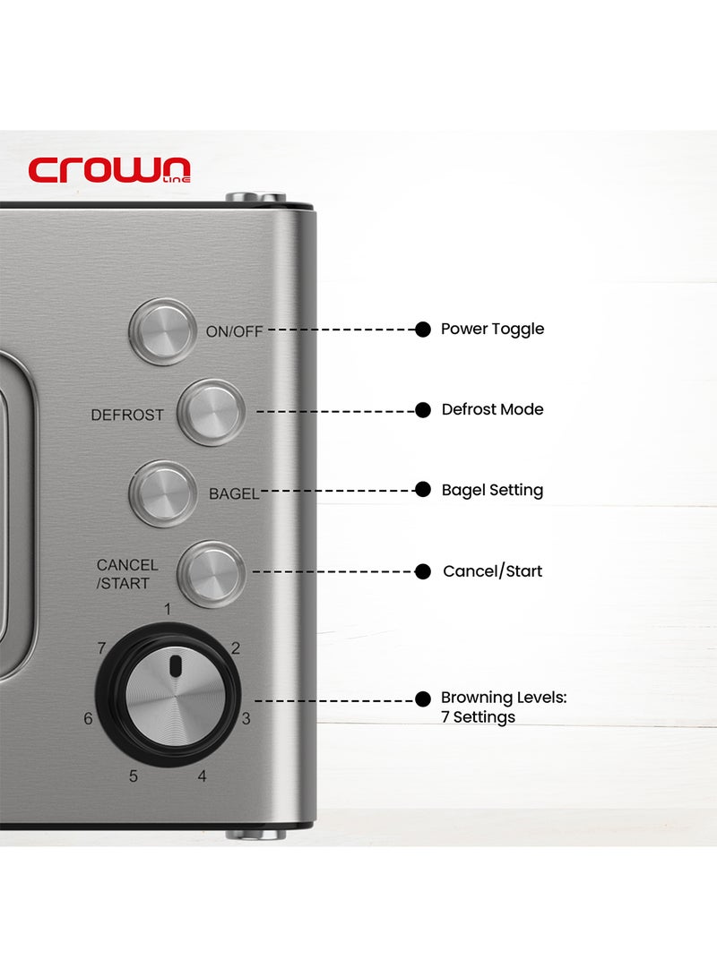 Crownline 2-Slice Glass Toaster, Extra-Wide Slot, 7 Browning Levels, Auto Pop-Up, Bagel & Defrost Modes, Cancel Function, 1000-1260W, Stainless Steel, Removable Crumb Tray 2 Slices 1260 W TR-274 Black/Silver - Image 4