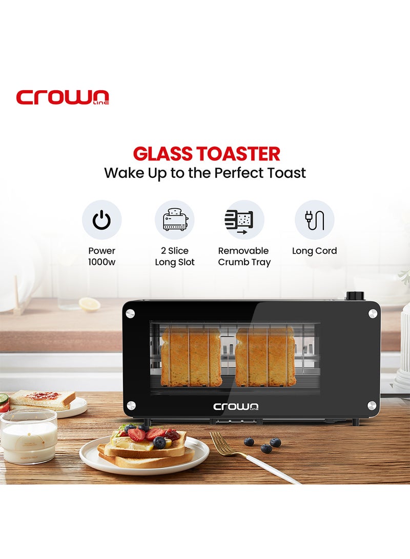 Crownline 2-Slice Glass Toaster, Extra-Wide Slot, 7 Browning Levels, Auto Pop-Up, Bagel & Defrost Modes, Cancel Function, 1000-1260W, Stainless Steel, Removable Crumb Tray 2 Slices 1260 W TR-274 Black/Silver - Image 2