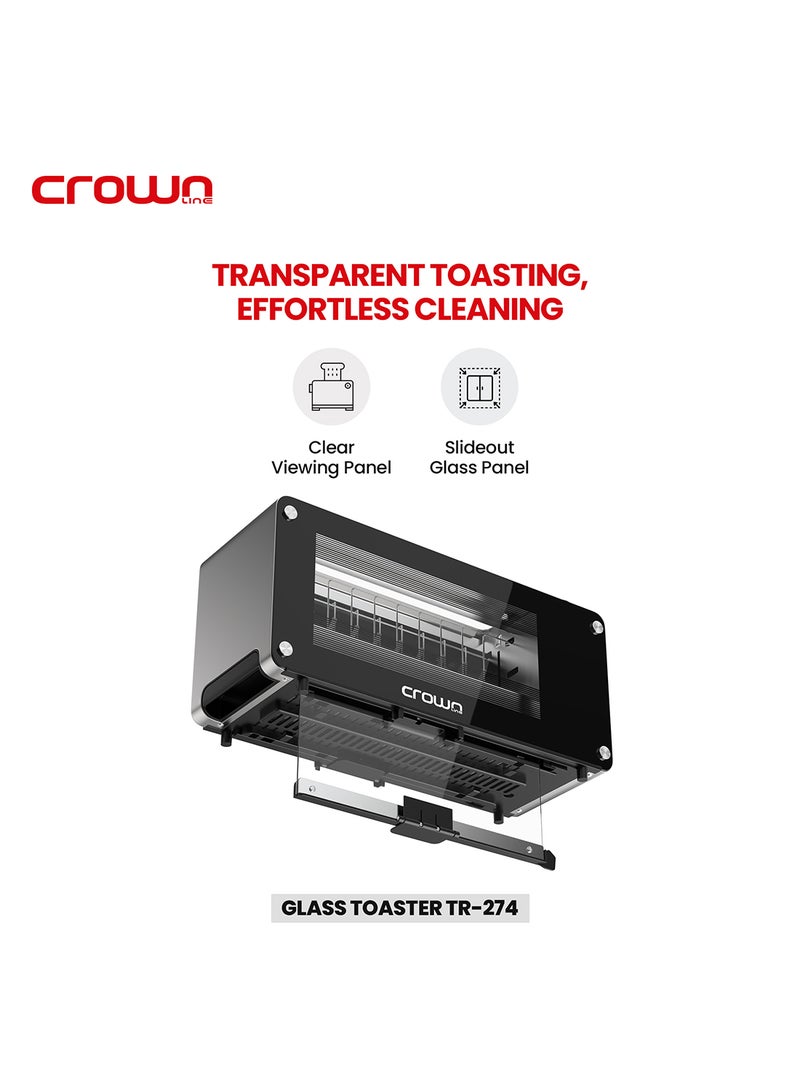 Crownline 2-Slice Glass Toaster, Extra-Wide Slot, 7 Browning Levels, Auto Pop-Up, Bagel & Defrost Modes, Cancel Function, 1000-1260W, Stainless Steel, Removable Crumb Tray 2 Slices 1260 W TR-274 Black/Silver - Image 5