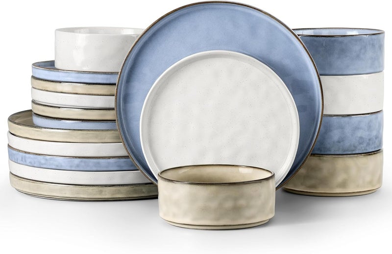 LIANYU طقم أدوات المائدة LIANYU المكون من 18 قطعة لـ 6 أشخاص، أطباق وأوعية من الحجر الخزفي، أدوات مائدة خزفية للمطبخ، آمنة للاستخدام في الميكروويف وغسالة الصحون، ثلاث ألوان - Image 1