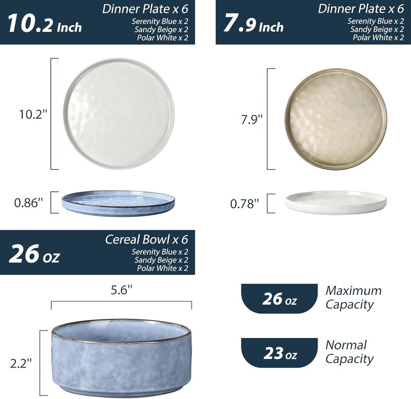 LIANYU طقم أدوات المائدة LIANYU المكون من 18 قطعة لـ 6 أشخاص، أطباق وأوعية من الحجر الخزفي، أدوات مائدة خزفية للمطبخ، آمنة للاستخدام في الميكروويف وغسالة الصحون، ثلاث ألوان - Image 2