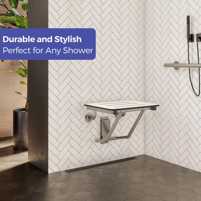 Stardrix 18" x 16" ADA Compliant Phenolic White Folding Shower Seat Bench, Wall Mount Foldable Bathroom Shower Chair with Stainless Steel Support, 400 lbs Capacity - Image 3