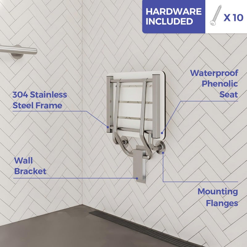 Stardrix 18" x 16" ADA Compliant Phenolic White Folding Shower Seat Bench, Wall Mount Foldable Bathroom Shower Chair with Stainless Steel Support, 400 lbs Capacity - Image 4