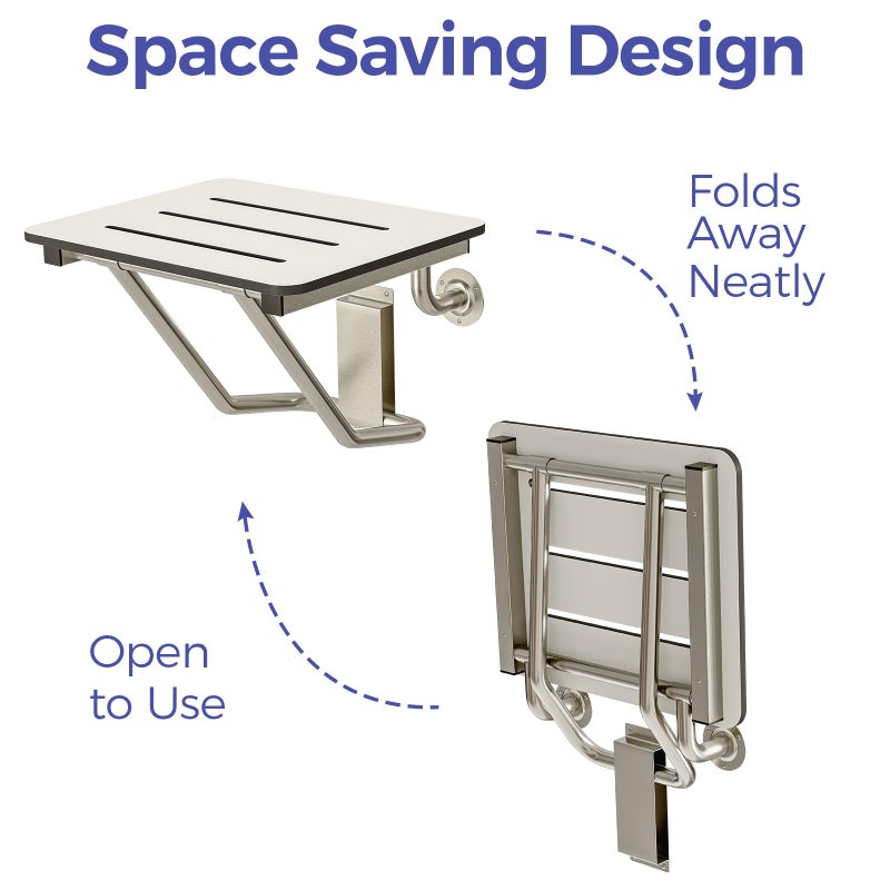 Stardrix 18" x 16" ADA Compliant Phenolic White Folding Shower Seat Bench, Wall Mount Foldable Bathroom Shower Chair with Stainless Steel Support, 400 lbs Capacity - Image 5