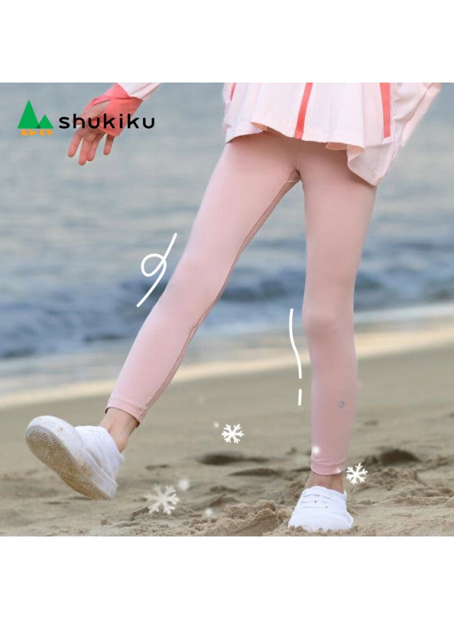 Shukiku Children's Pants, Girls' Leggings, Ice-cool Sports Pants, Baby Yoga Pants, Sun Protection Pants, Rubber Pink, 130/60