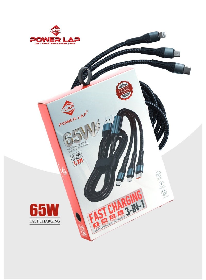 POWER LAP® 65W Fast Charging 3-in-1 Data Cable (1.2 Meter) PL-400