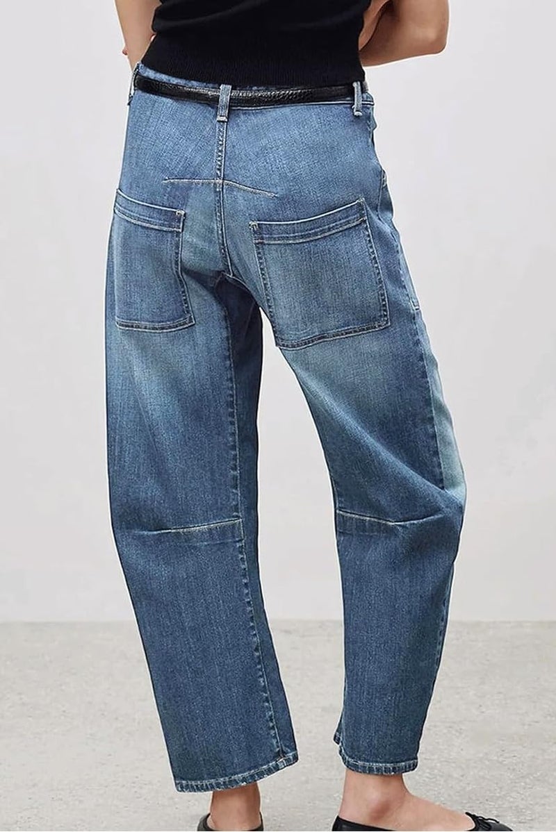 yoeasy Womens Baggy Barrel Jeans Mid Rise Wide Leg Vintage Denim Ankle Pants Boyfriend Jeans with Pockets (Small, Medium Blue) - Image 5